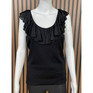 Lauren Ralph Lauren Women's Top Blouse Stretch Ruffle Trim Scoop Neck M Black